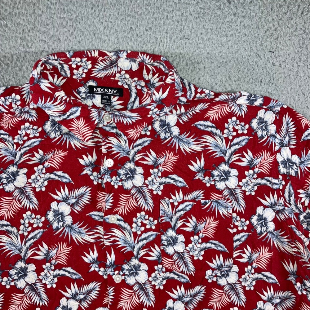 MIX&NY Button Down Up Men XXL Red Tropical Hibiscus Rayon S/S Beach‎ Resortwear